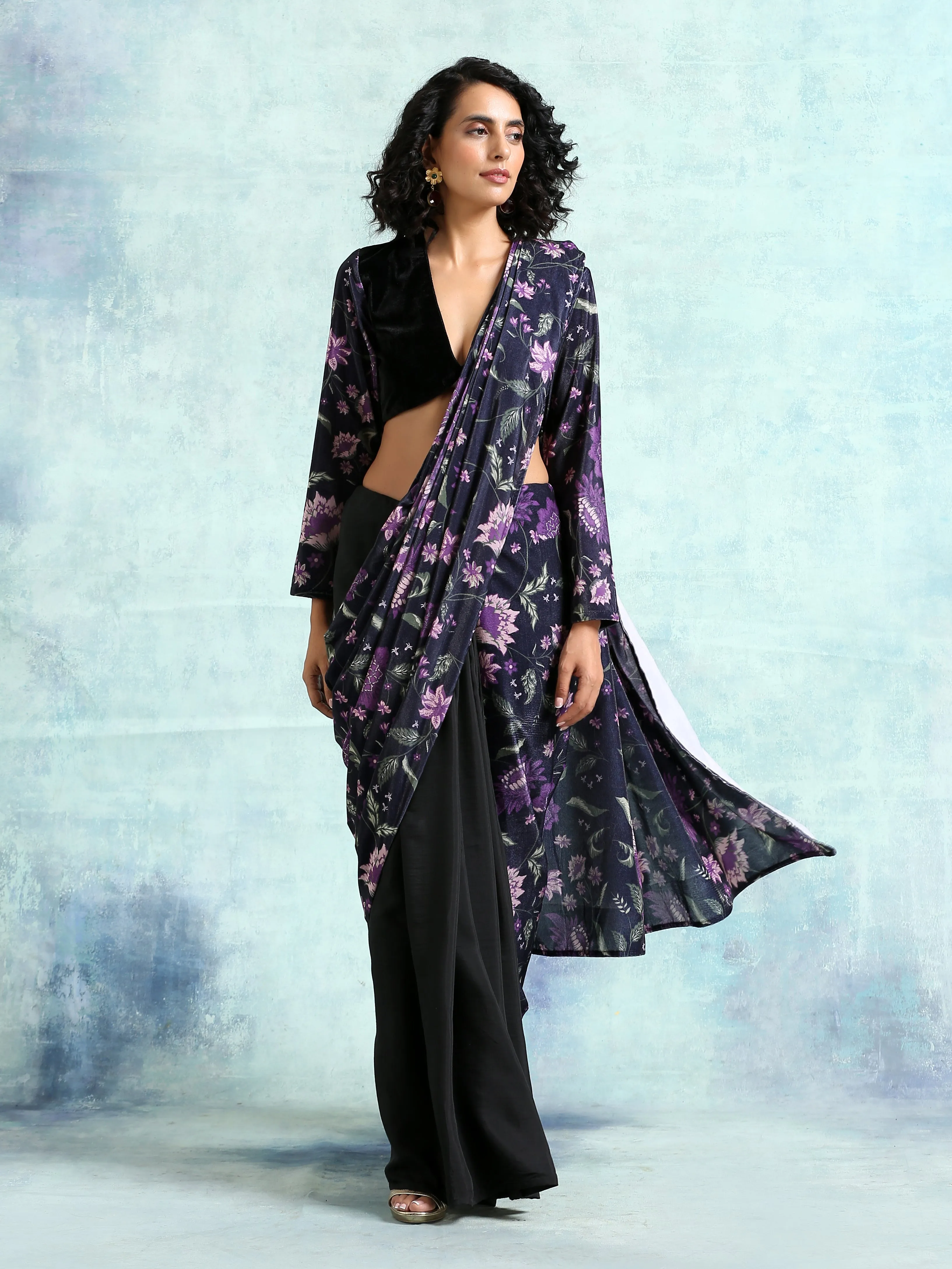 Black Printed Velvet Ready To Wear Saree