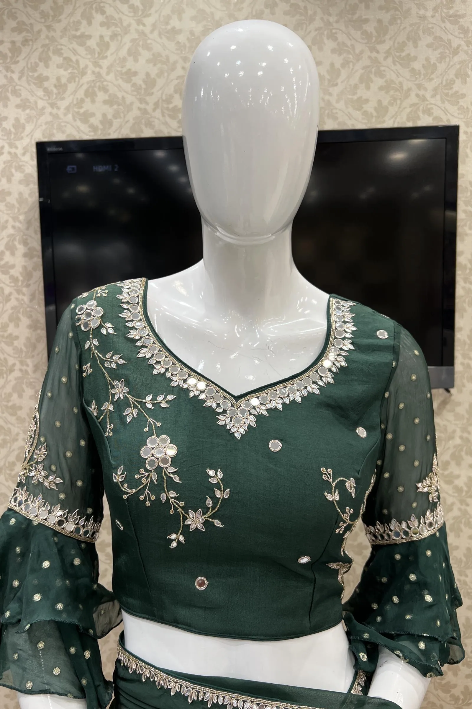 Bottle Green Organza Saree with Mirror and Kadana work Readymade Blouse