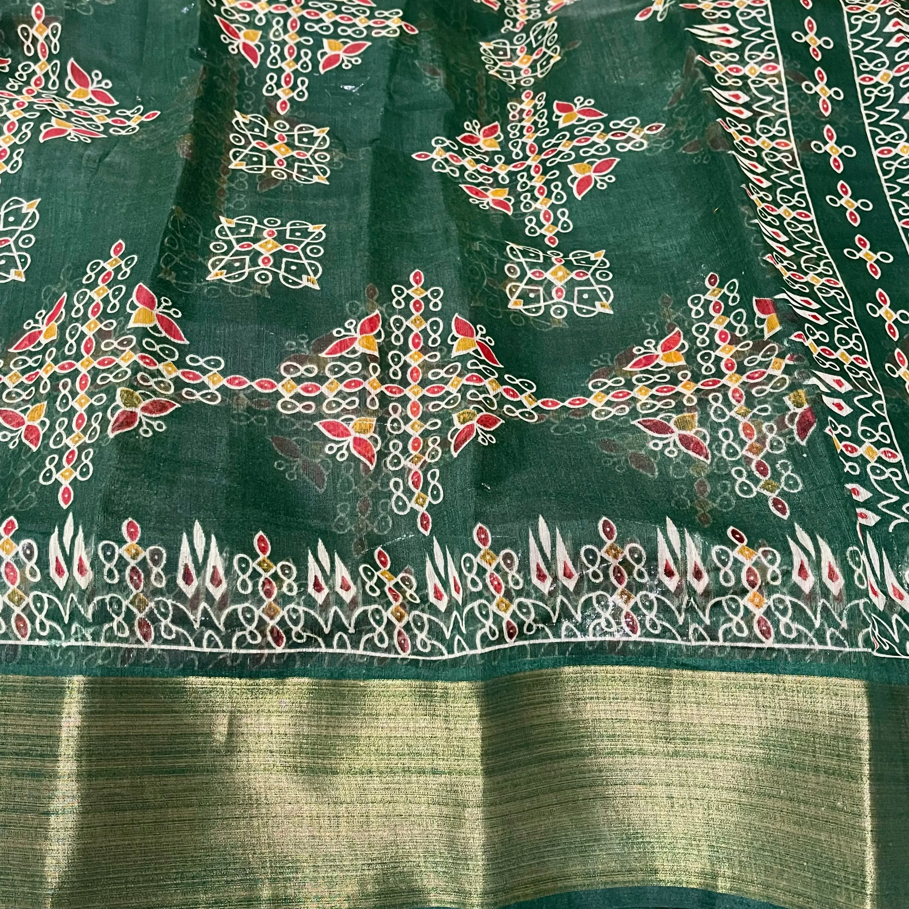 Dark Green Jute Cotton Rangoli Saree with Stitched Blouse