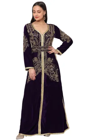 Designer Caftan Evening Party Gown in Purple Velvet