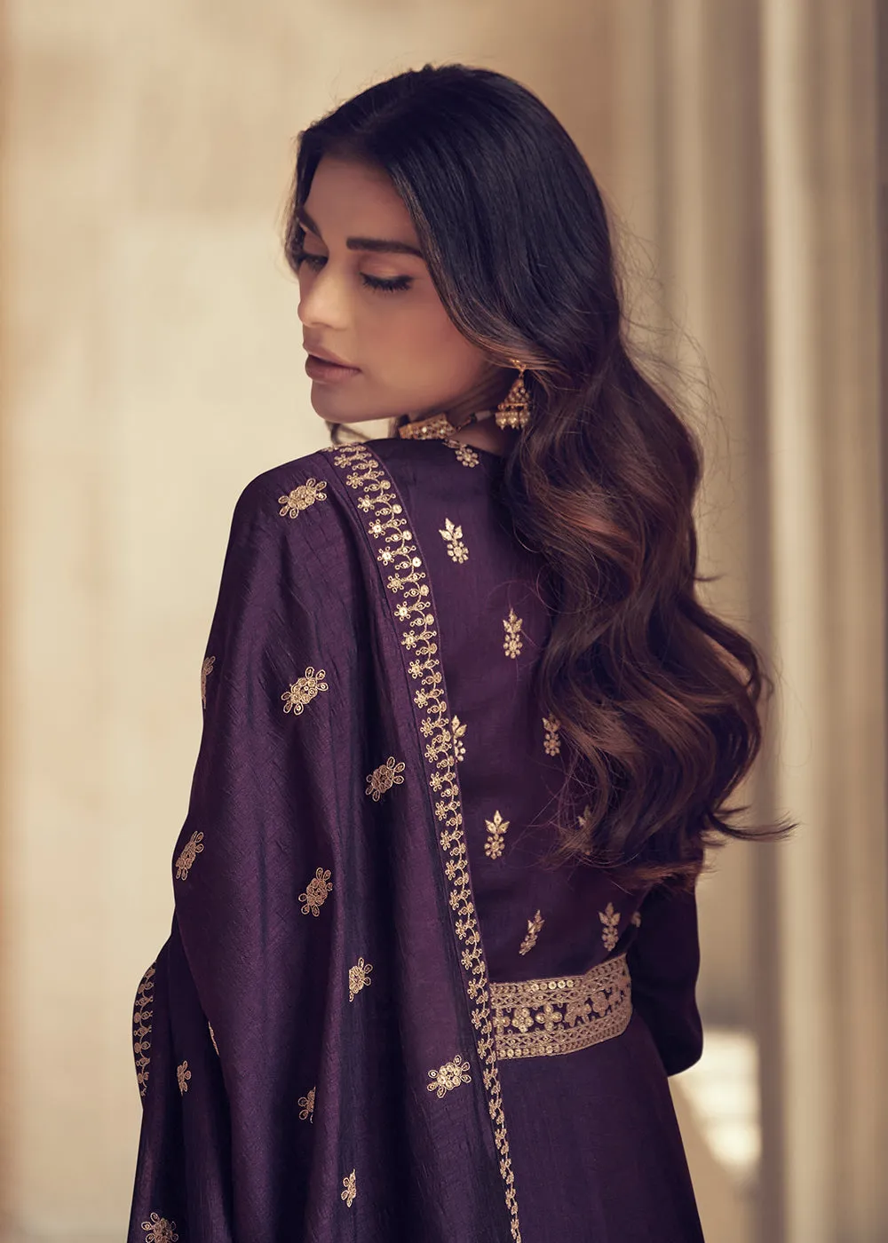 Designer Deep Purple Silk Floor Length Anarkali Suit
