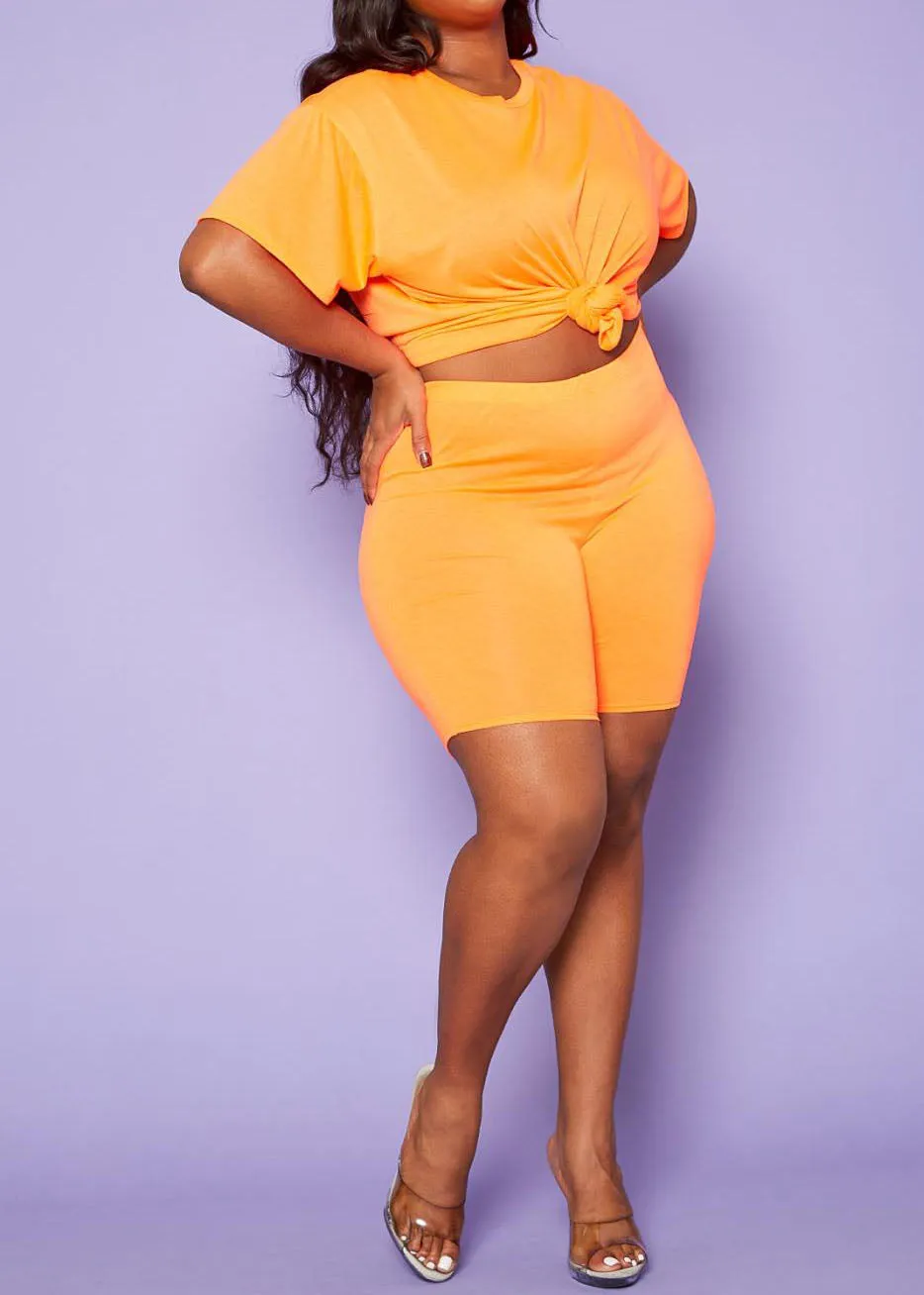 Hi Curvy Plus Size Women Neon Basic T-Shirt & Biker Shorts Set