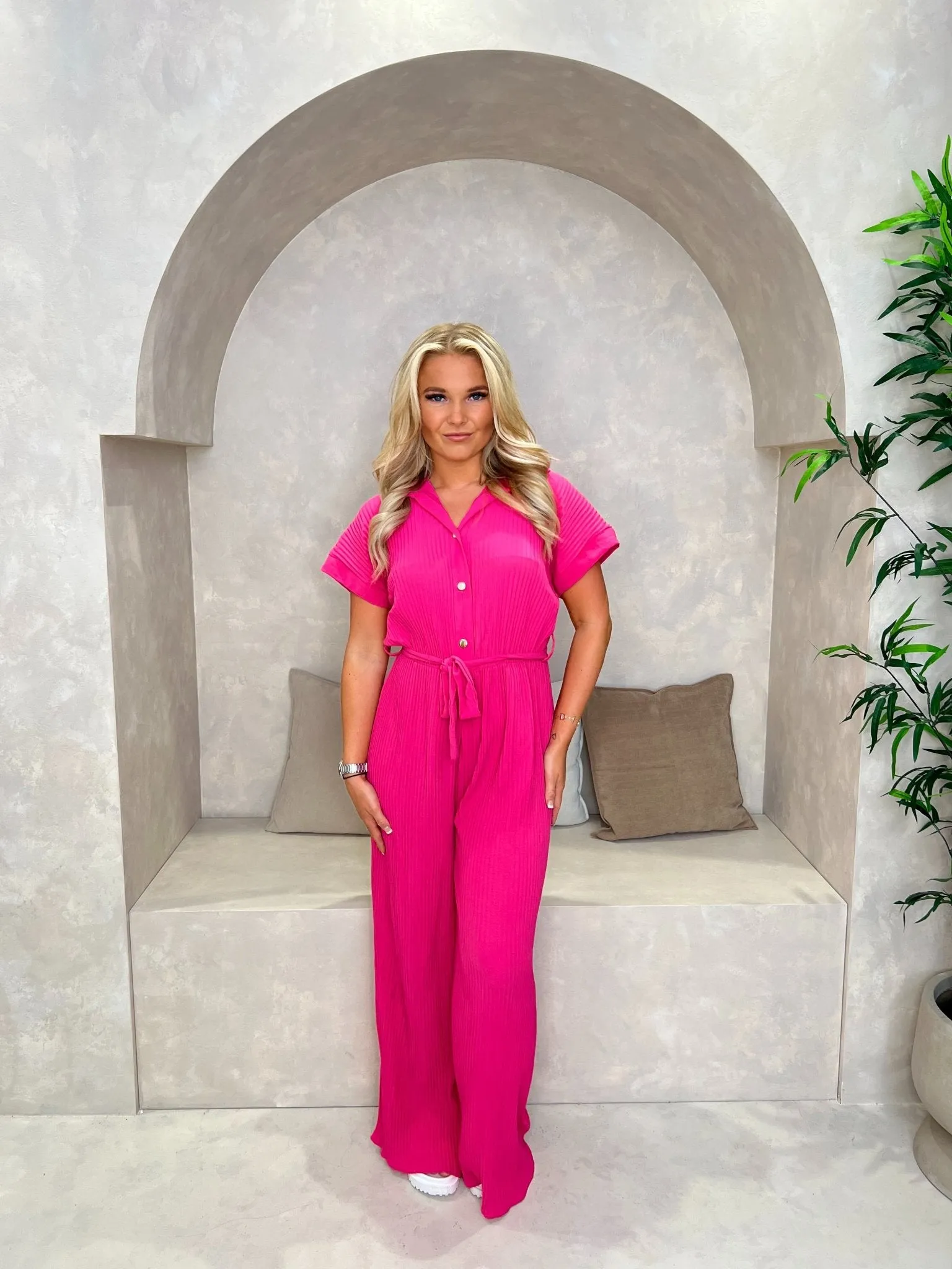 Ribbed Effect Belted Jumpsuit