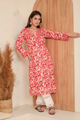 Saba Chikankari Kurta in Mul cotton in Red Print