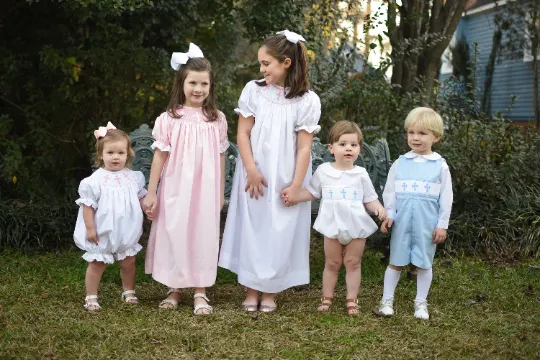 Smocked Cross Bishop Dress - White with Pink Crosses
