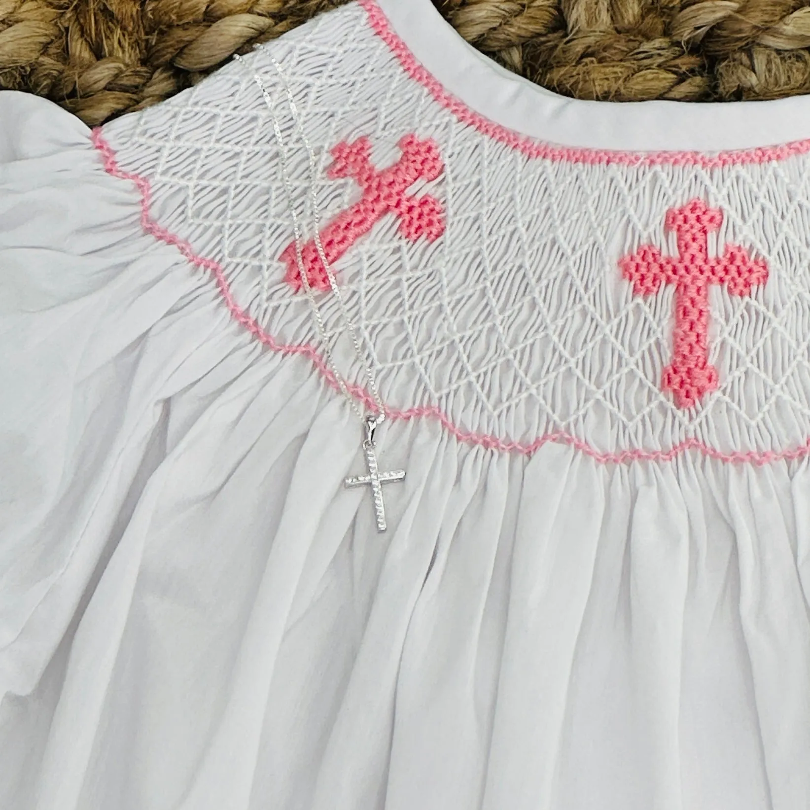 Smocked Cross Bishop Dress - White with Pink Crosses