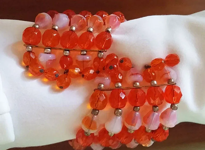 *VINTAGE 3-PIECE SET CRYSTAL GLASS & ART GLASS NECKLACE, EARRINGS & WIRE WRAP BRACELET PARURE IN ORANGE PEEL - MADE IN WEST GERMANY