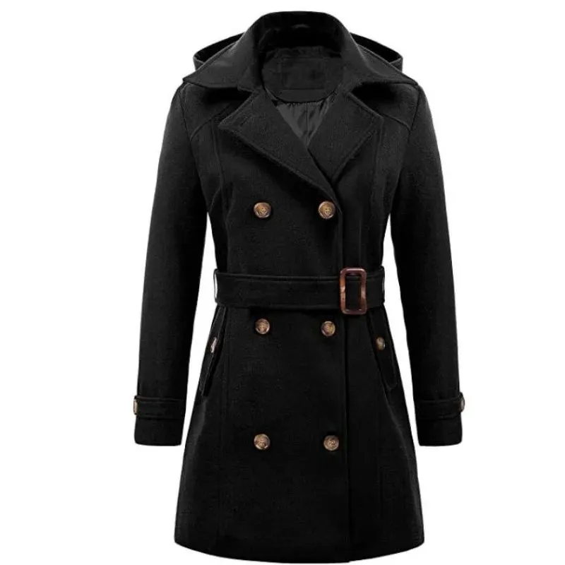 Weibliche Mit Kapuze Frau Jacken Mid-länge Zweireiher Damen Mäntel Woolen Revers Turndown CollarTop Winter Jacke Streetwear